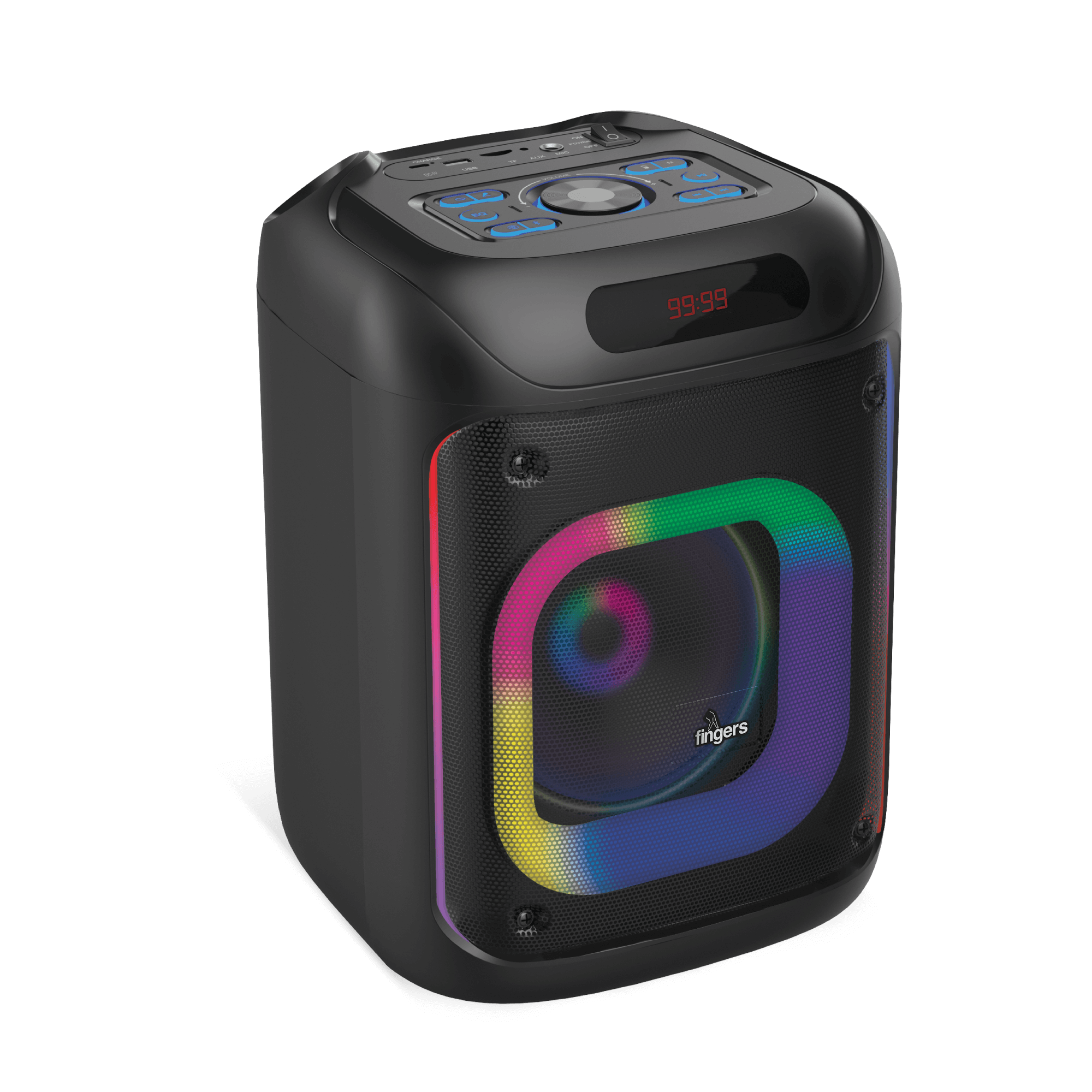 Top and Front view of FINGERS 2Mic-ThunderBox portable speaker with digital display