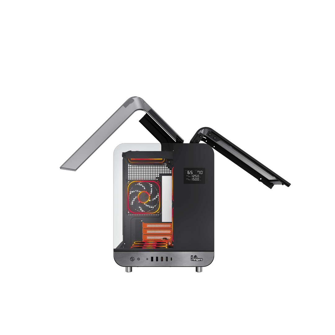 The top and side panels of the QuikFINGERS Wings Computer Case are open and displaying easy access to the inside for installation
