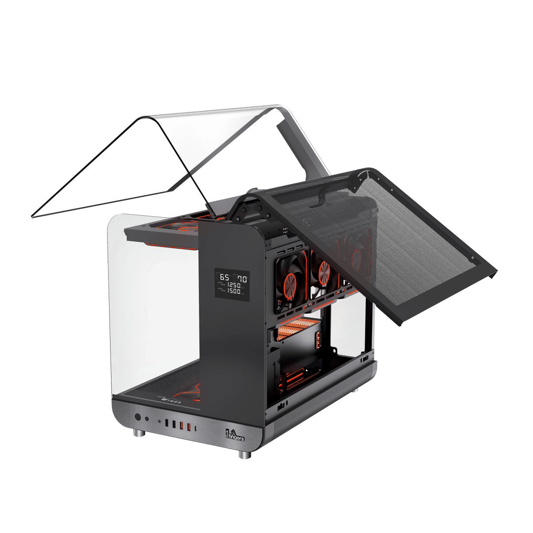 The QuikFINGERS Wings Gaming Cabinet is tilted with the panels open with RGB lights