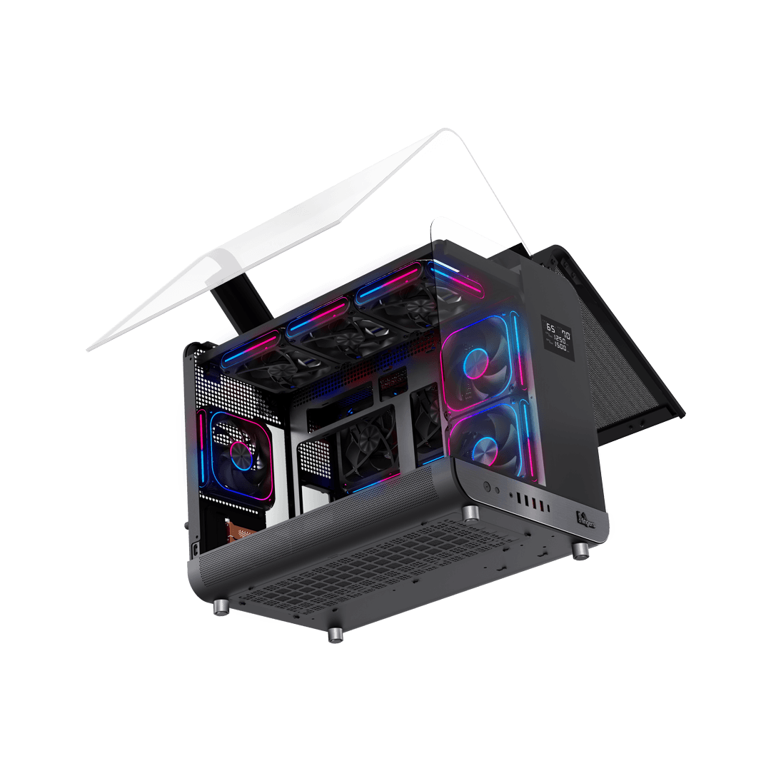 Both side panels of the QuikFINGERS Wings PC case are open like wings and showing the interior components clearly 