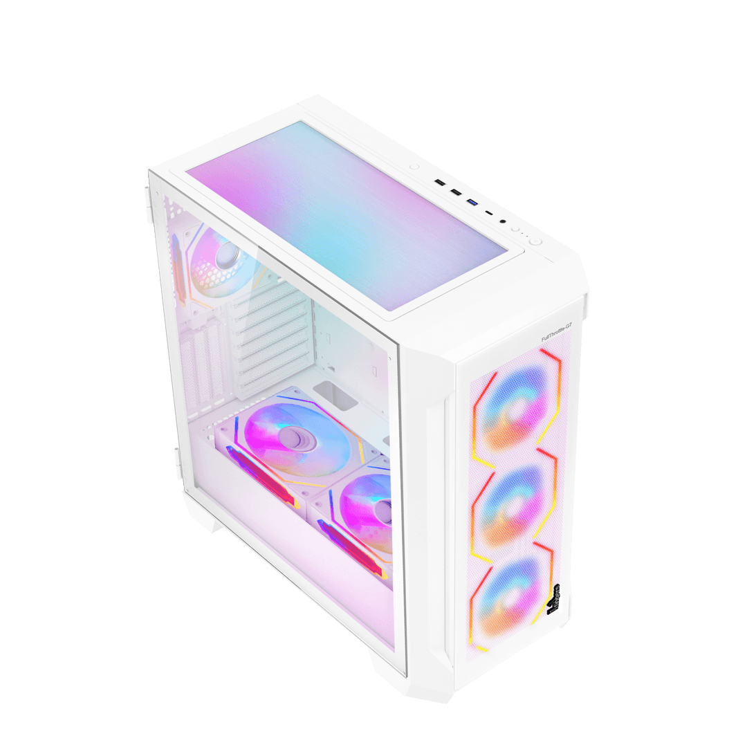 QuikFINGERS FullThrottle-G7 Full ATX slightly turned and showing side glass and front fans