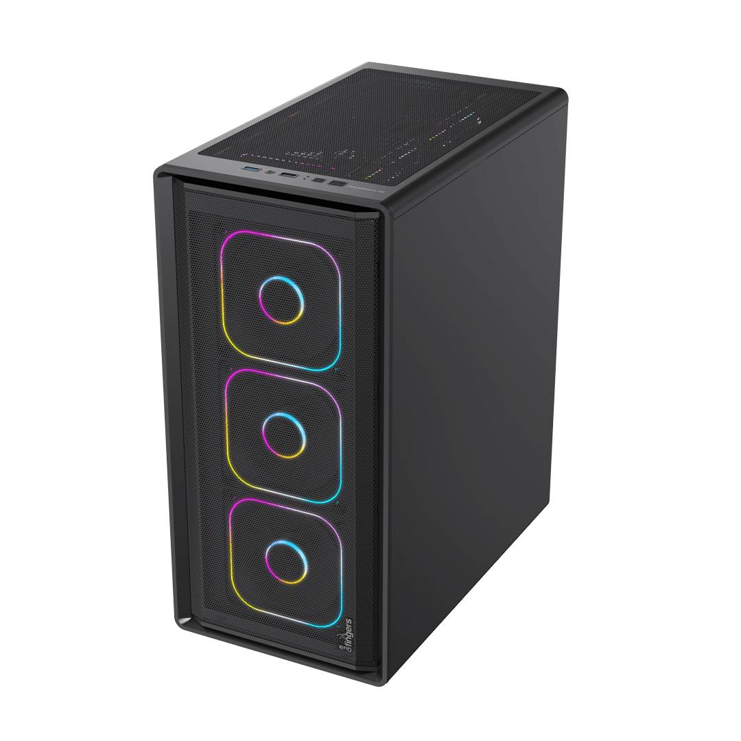 The QuikFINGERS PowerMatrix-G6 Cabinet from the front showing 3 RGB fans glowing