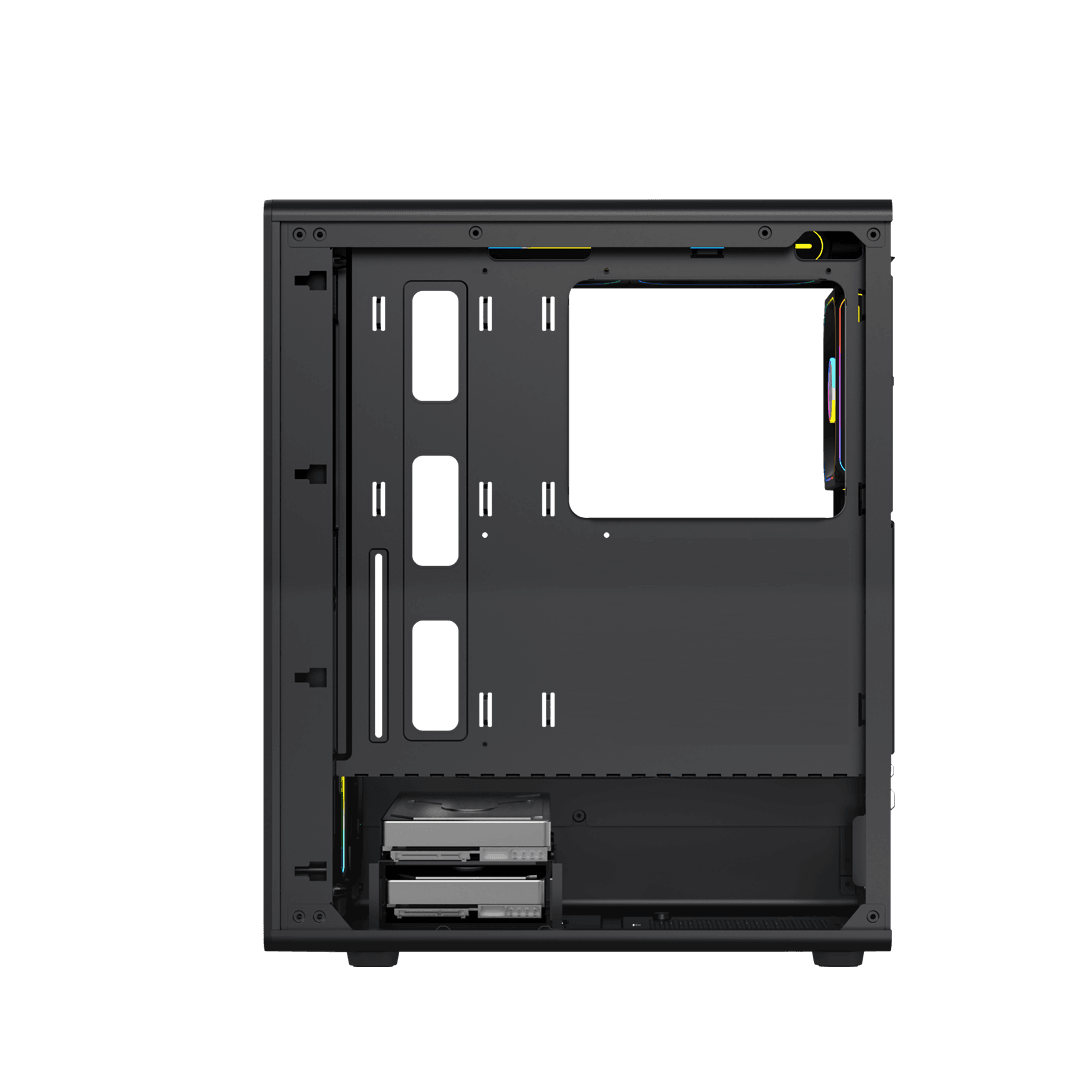 Side view of the empty QuikFINGERS PowerMatrix-G6 PC Case without glass and showing mounting points