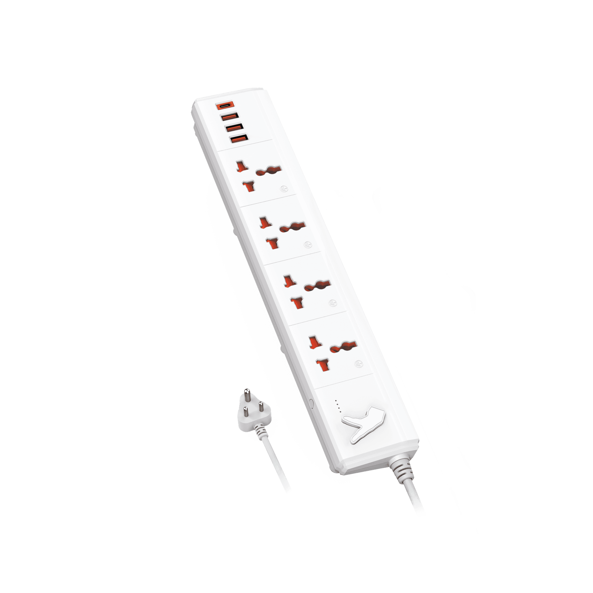 Slant view of FINGERS PowerStation-4S3U1C Power Strip in White Colour