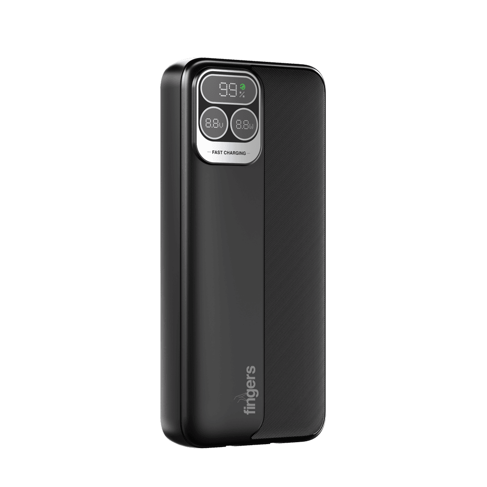front view of FINGERS PowerPump-P65 Powerbank with digital battery display fast charging