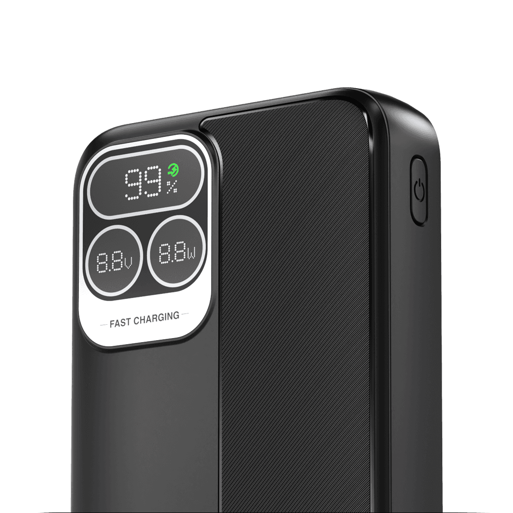 close up view of FINGERS PowerPump-P65 showing battery percentage and fast charging display 