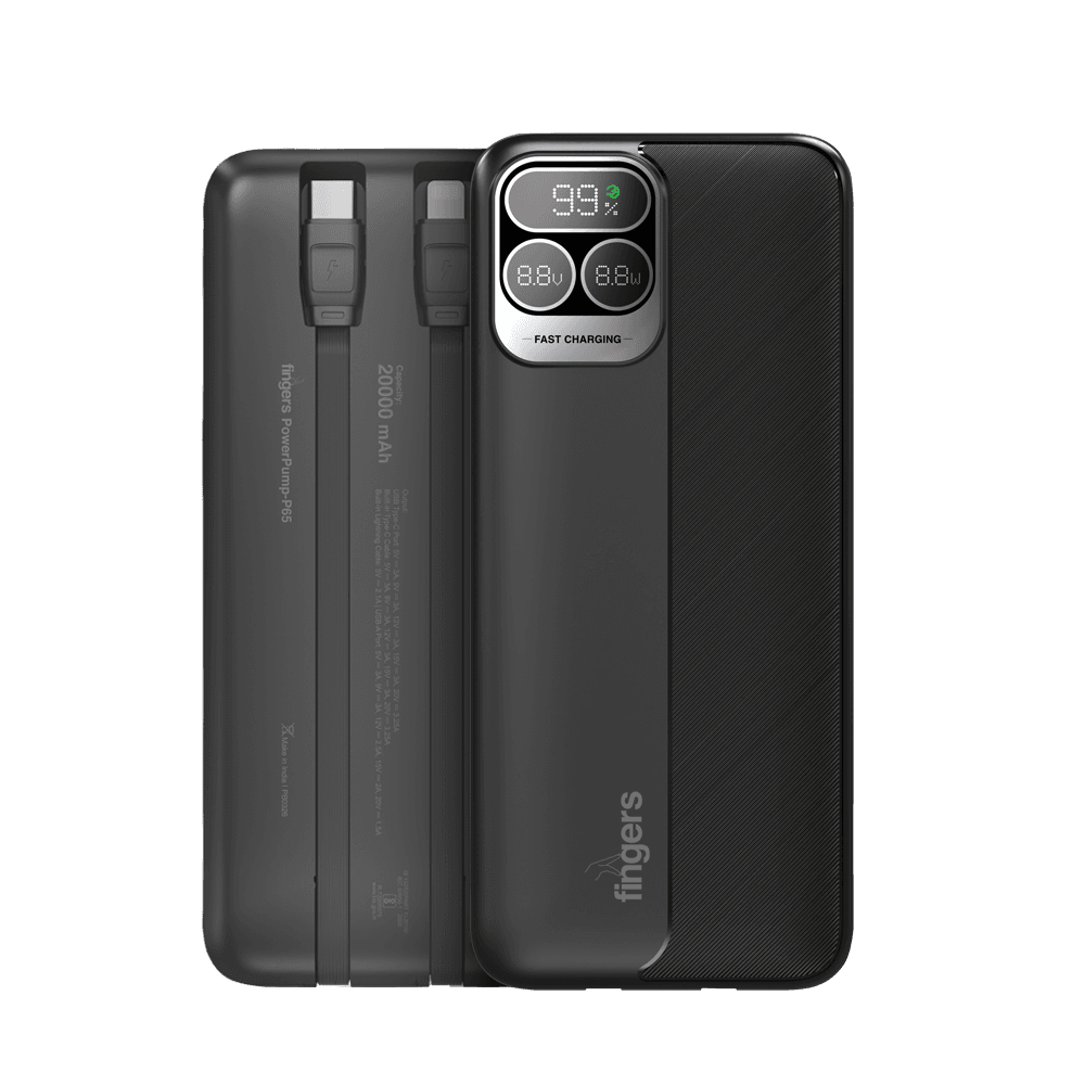 front and back view of FINGERS PowerPump-P65 powerbank showing battery percentage display and inbuilt cables