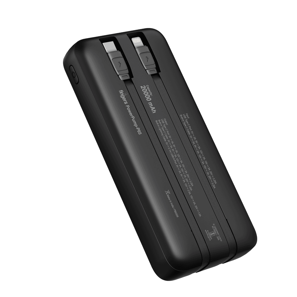 titled back view of FINGERS PowerPump-P65 powerbank showing inbuilt cables
