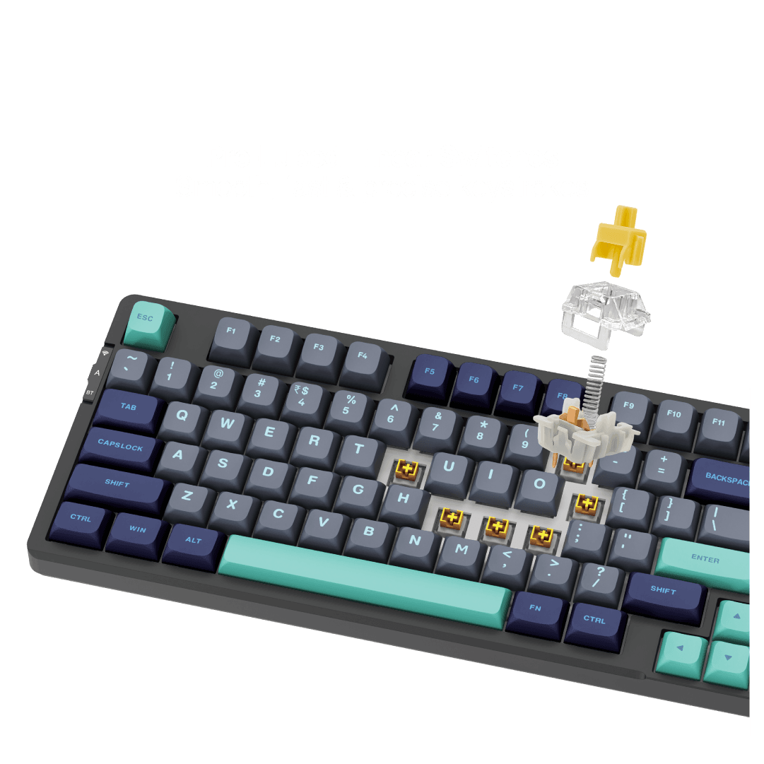 QuikFINGERS Fierce GK7 wireless mechanical showing missing keys and the internal key mechanism