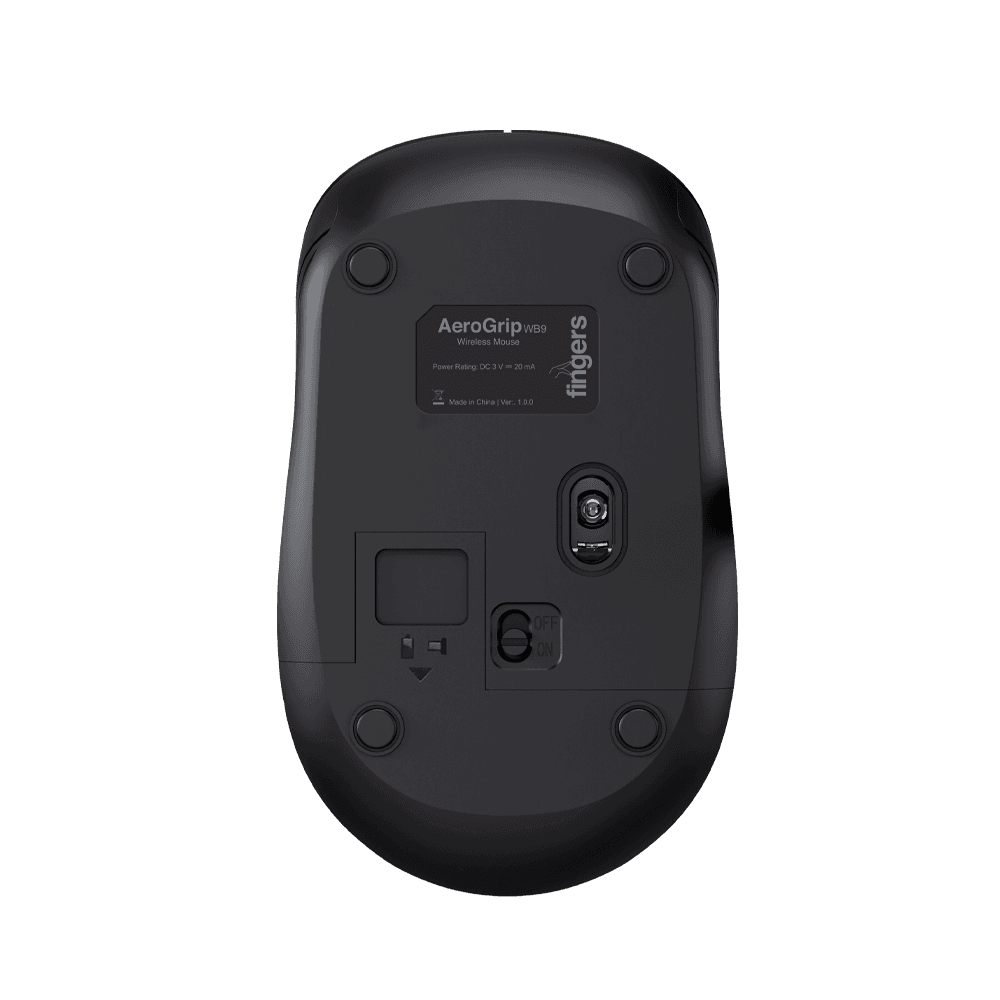 Bottom view of FINGERS AeroGrip WB9 wireless mouse with USB receiver