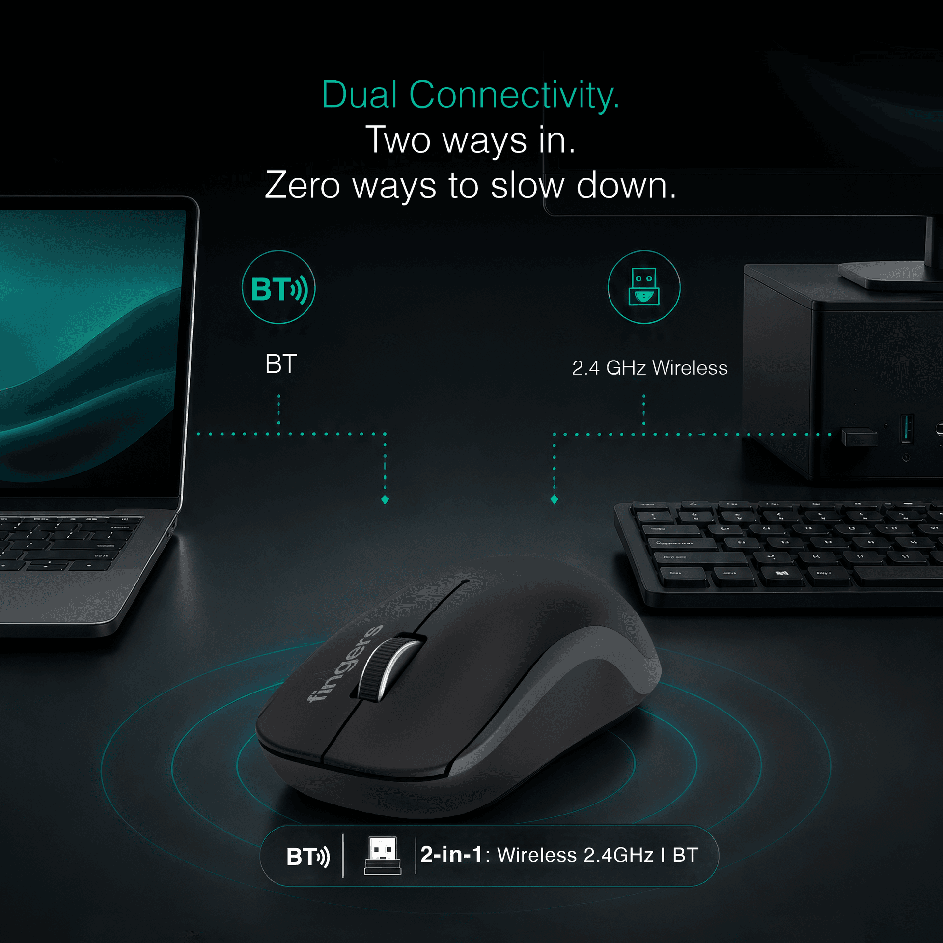 FINGERS ErgoGrip wireless mouse placed beside the laptop