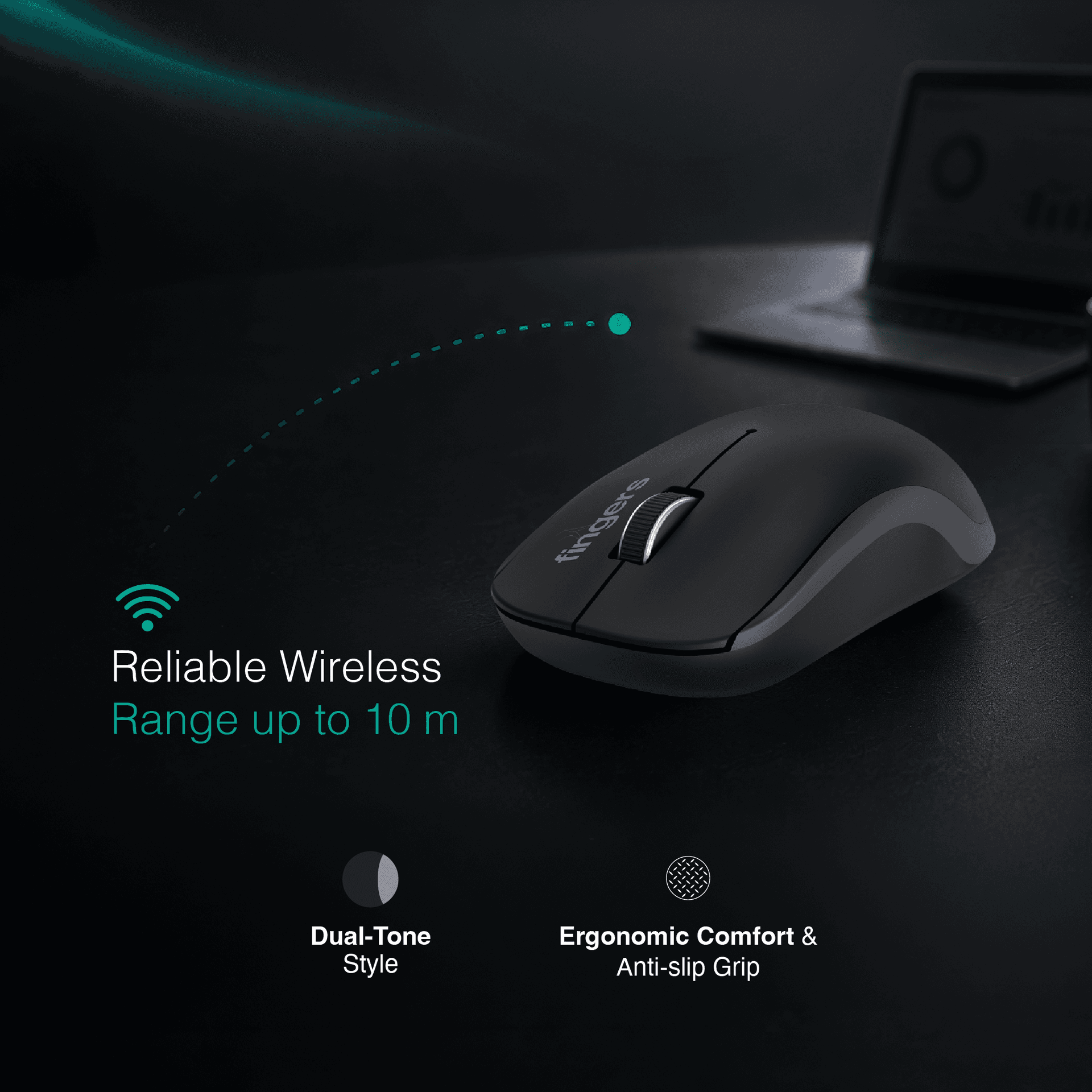 FINGERS ErgoGrip lightweight mouse placed beside the laptop