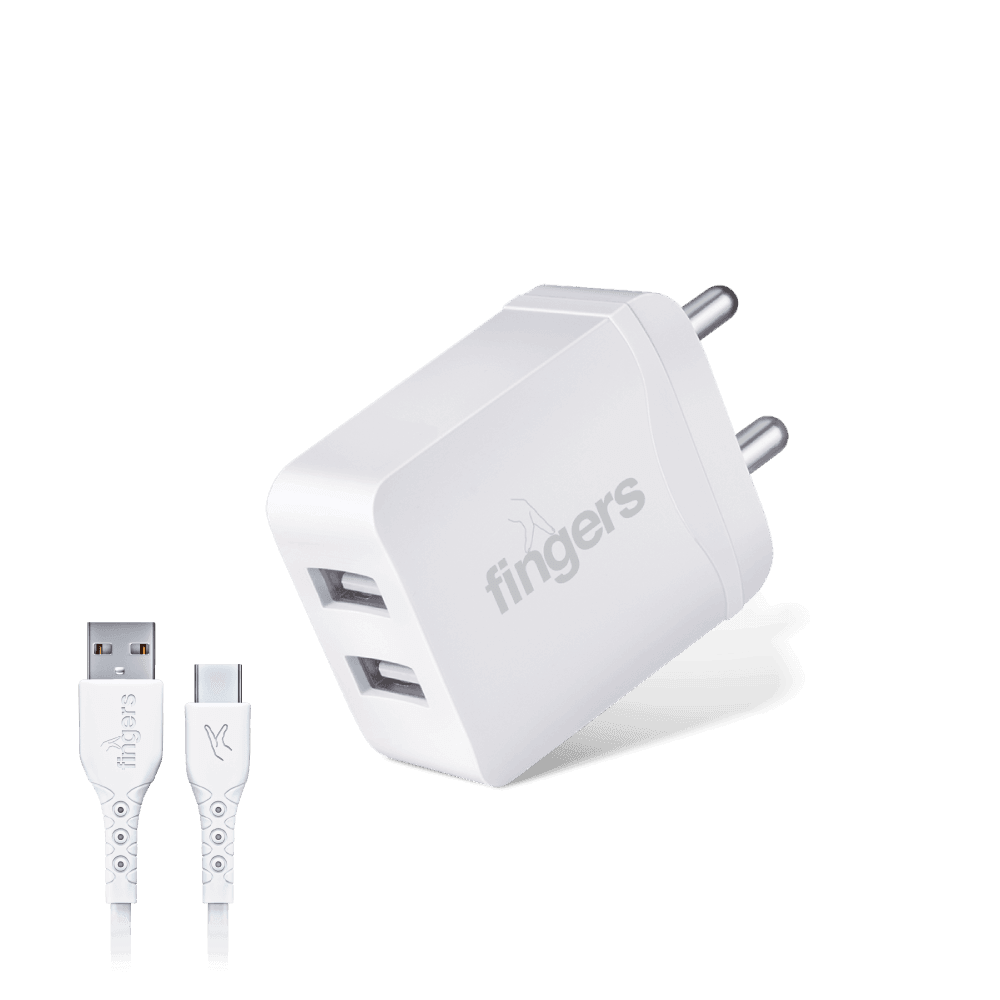 Side view of FINGERS PA-DualUSB Mobile Adapter with two ports along with Type-C cable bundled