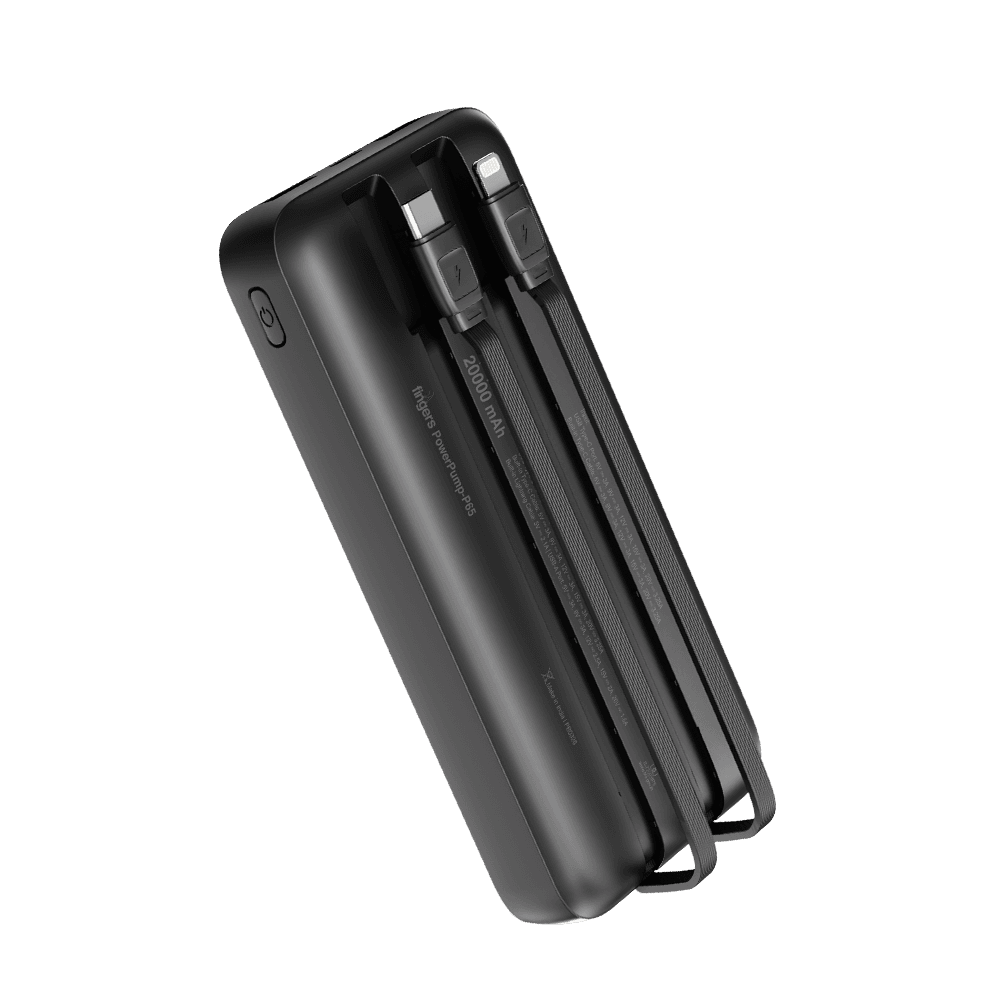 front and back view of FINGERS PowerPump-P65 powerbank showing battery percentage display and inbuilt cables