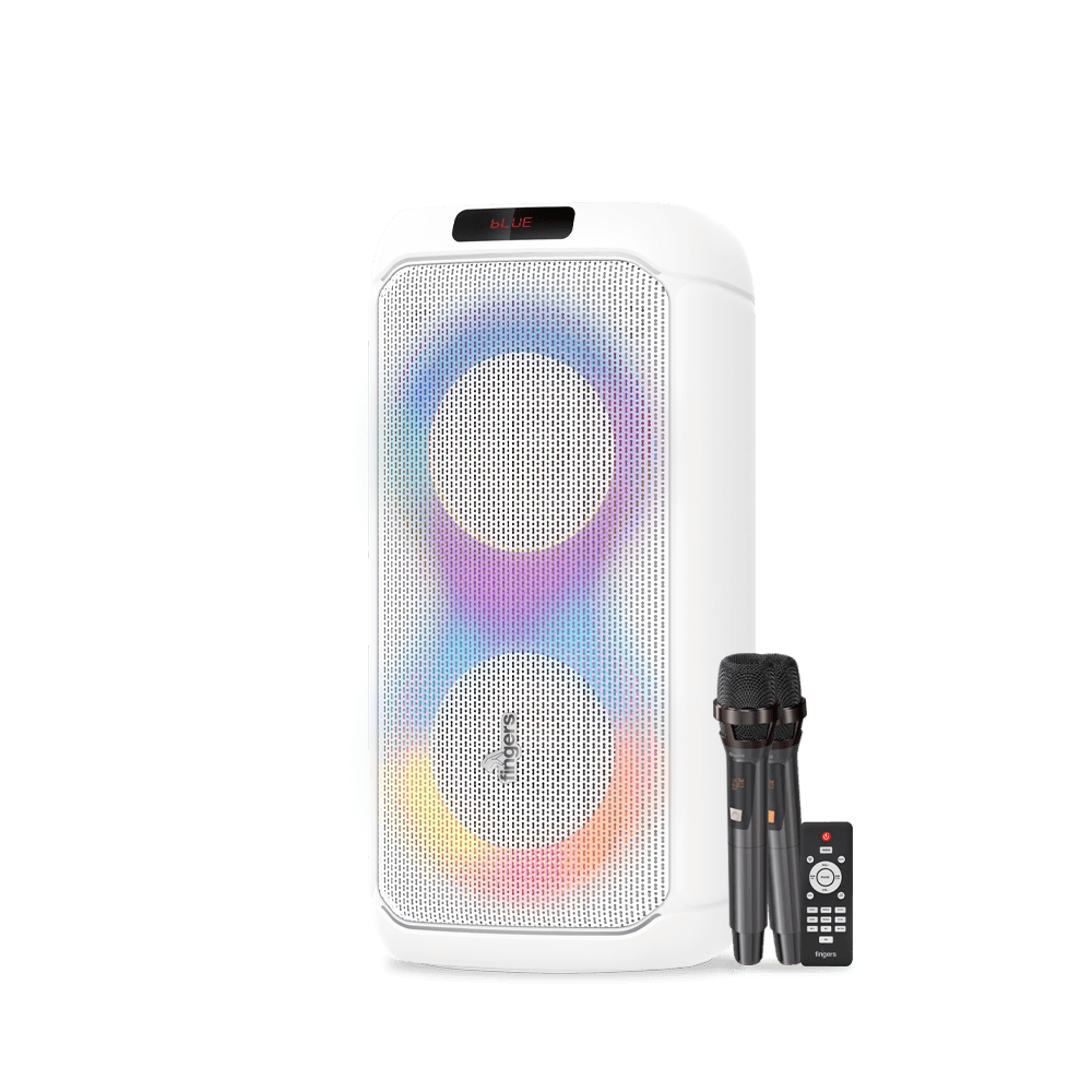 FINGERS SoulSound 64 portable party speaker beside the microphone and remote