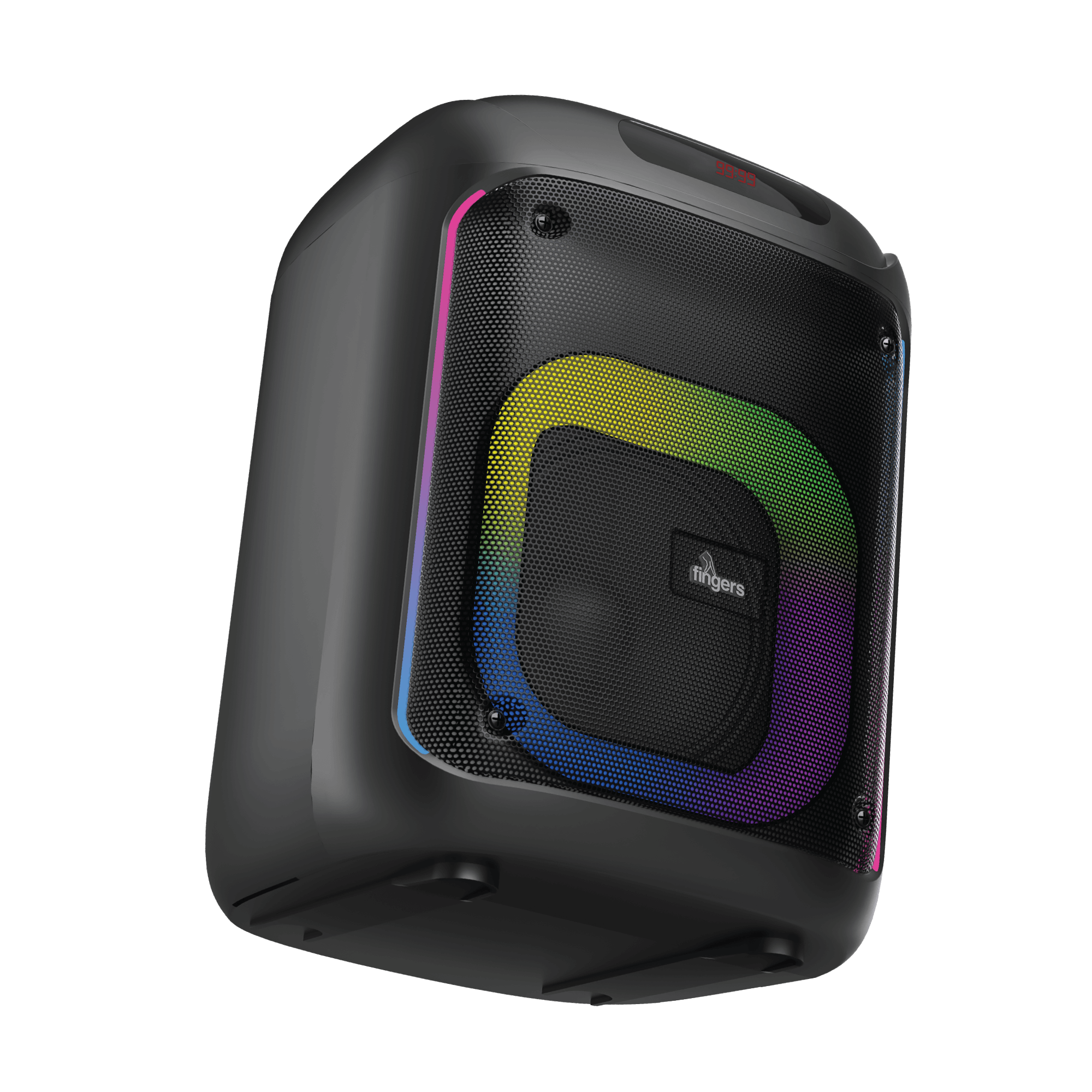 Side and front view of FINGERS 2Mic-ThunderBox portable speaker with two mics and remote