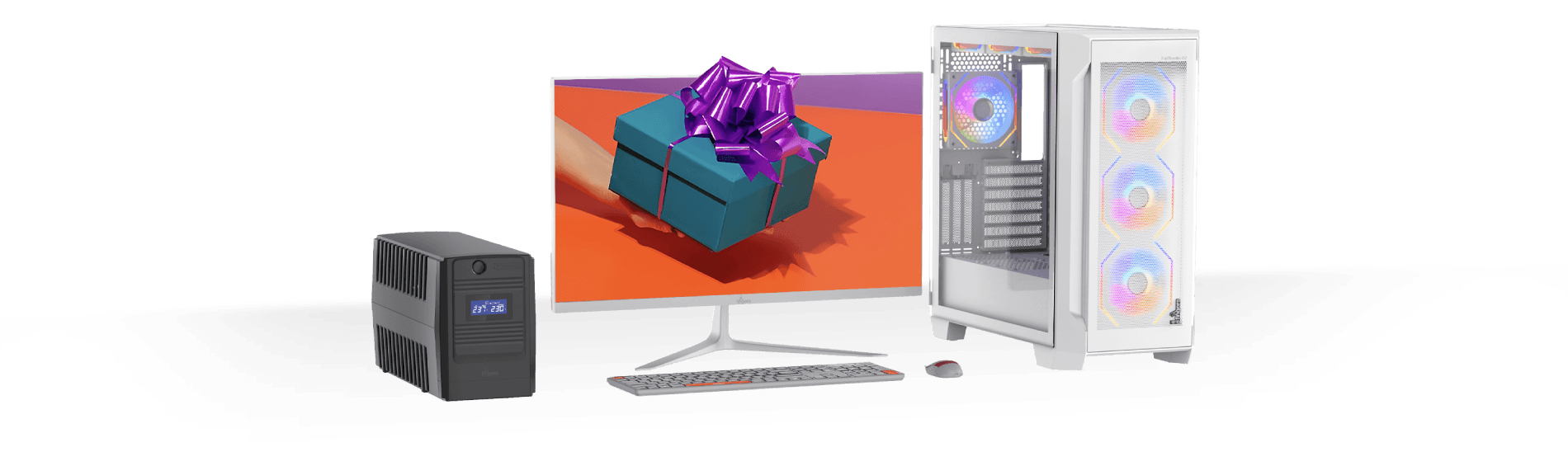 A FINGERS desktop setup with a gift box on the monitor