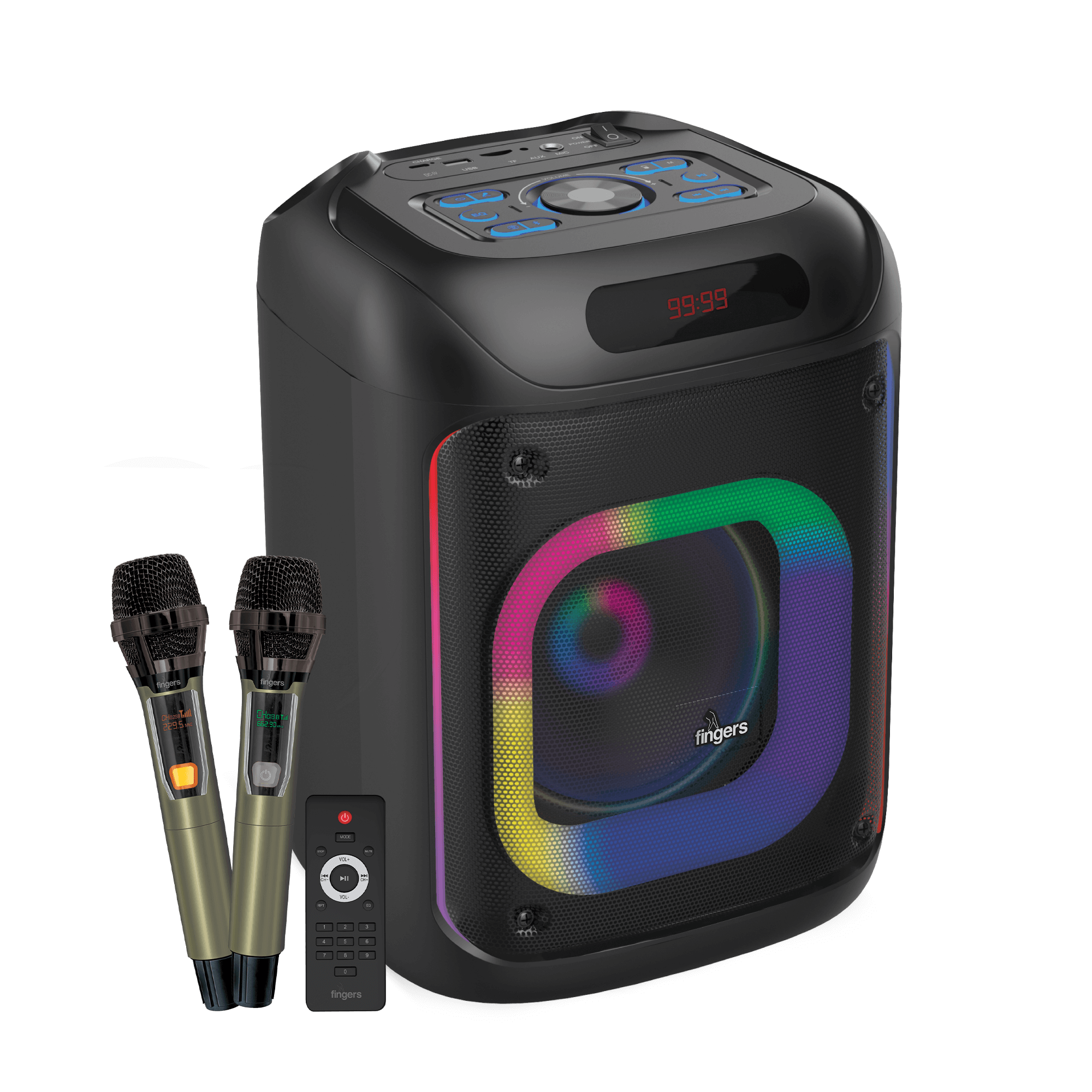 Side and front view of FINGERS 2Mic-ThunderBox portable speaker with two mics and remote