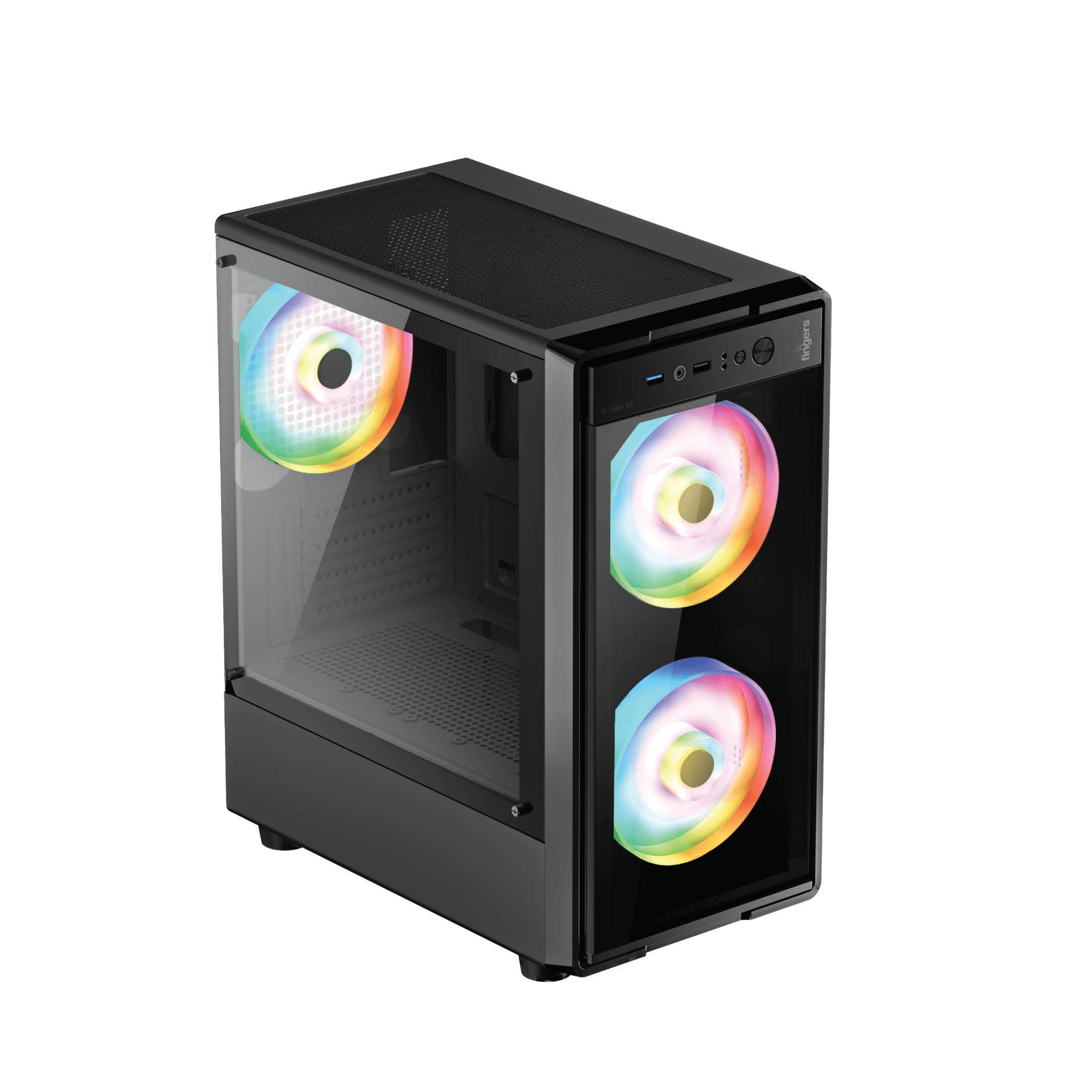 Side view of FINGERS 3D-Vision-G3 PC Cabinet with glass panel