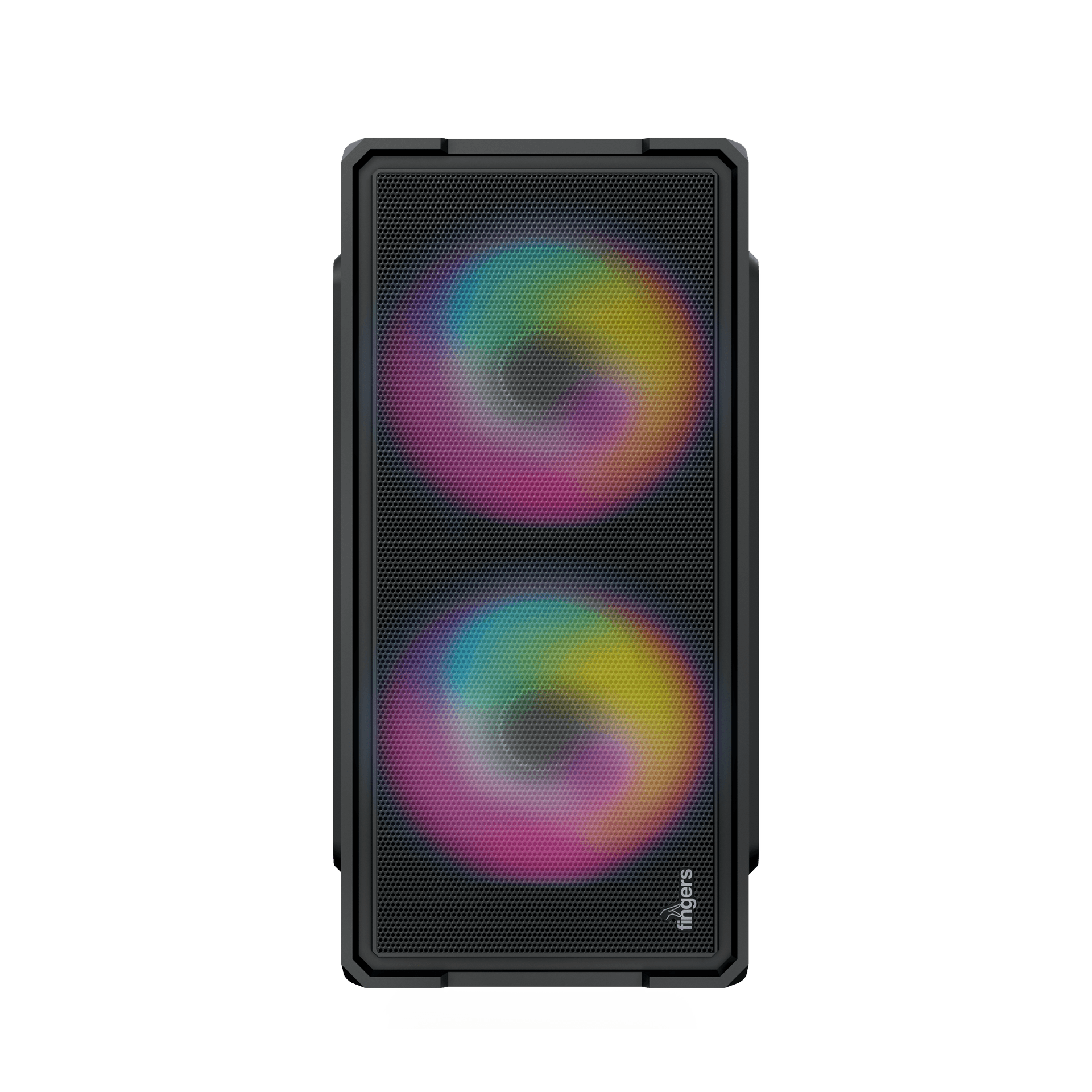 Angled side-front view of FINGERS RGB-Majesty-N5 PC case highlighting sleek design and RGB fans
