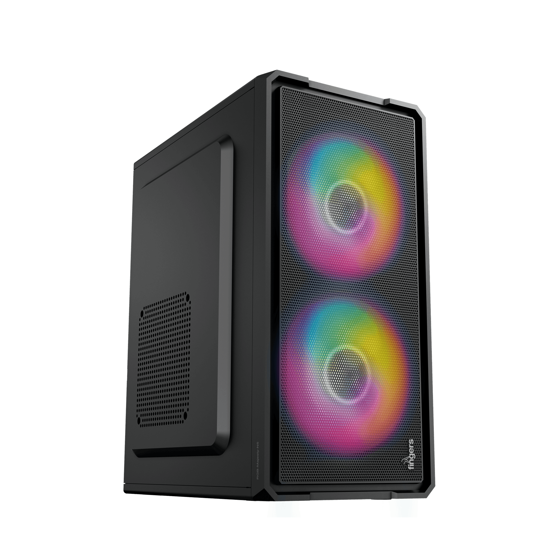 Angled side-front view of FINGERS RGB-Majesty-N5 PC case highlighting sleek design and RGB fans